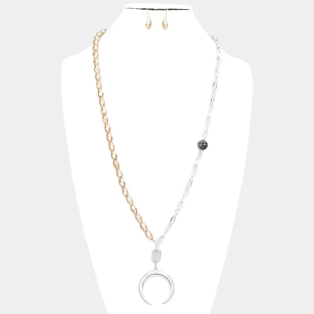 Beige Metal Double Horn Pendant Beaded Long Necklace - Jewelry Store by Erik Rayo