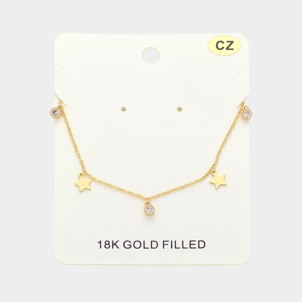 Gold 18K Gold Filled Star CZ Stone Station Necklace