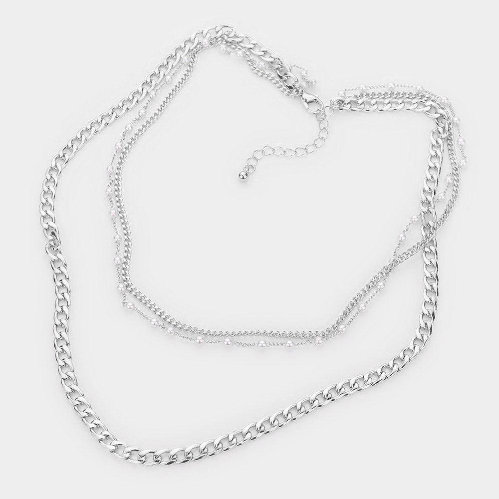 Tiny Pearl Metal Chain Link Triple Layered Bib Necklace - Jewelry Store by Erik Rayo