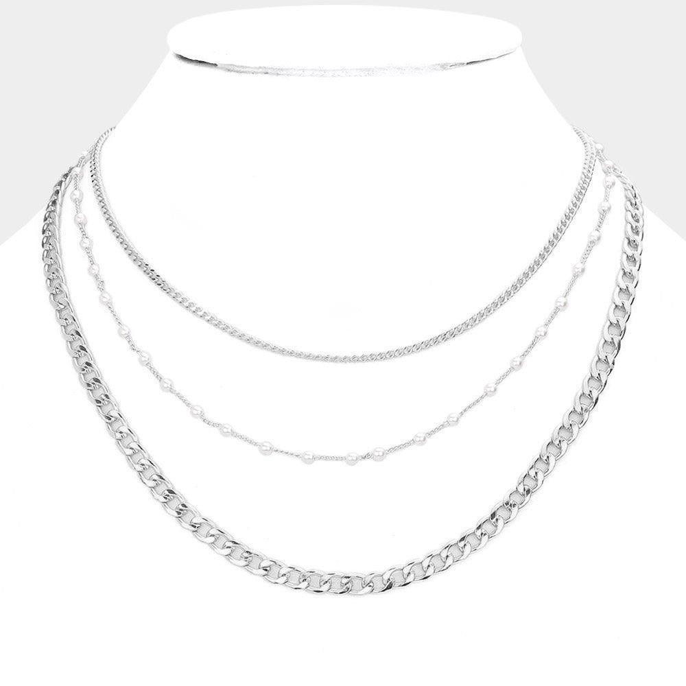 Tiny Pearl Metal Chain Link Triple Layered Bib Necklace - Jewelry Store by Erik Rayo