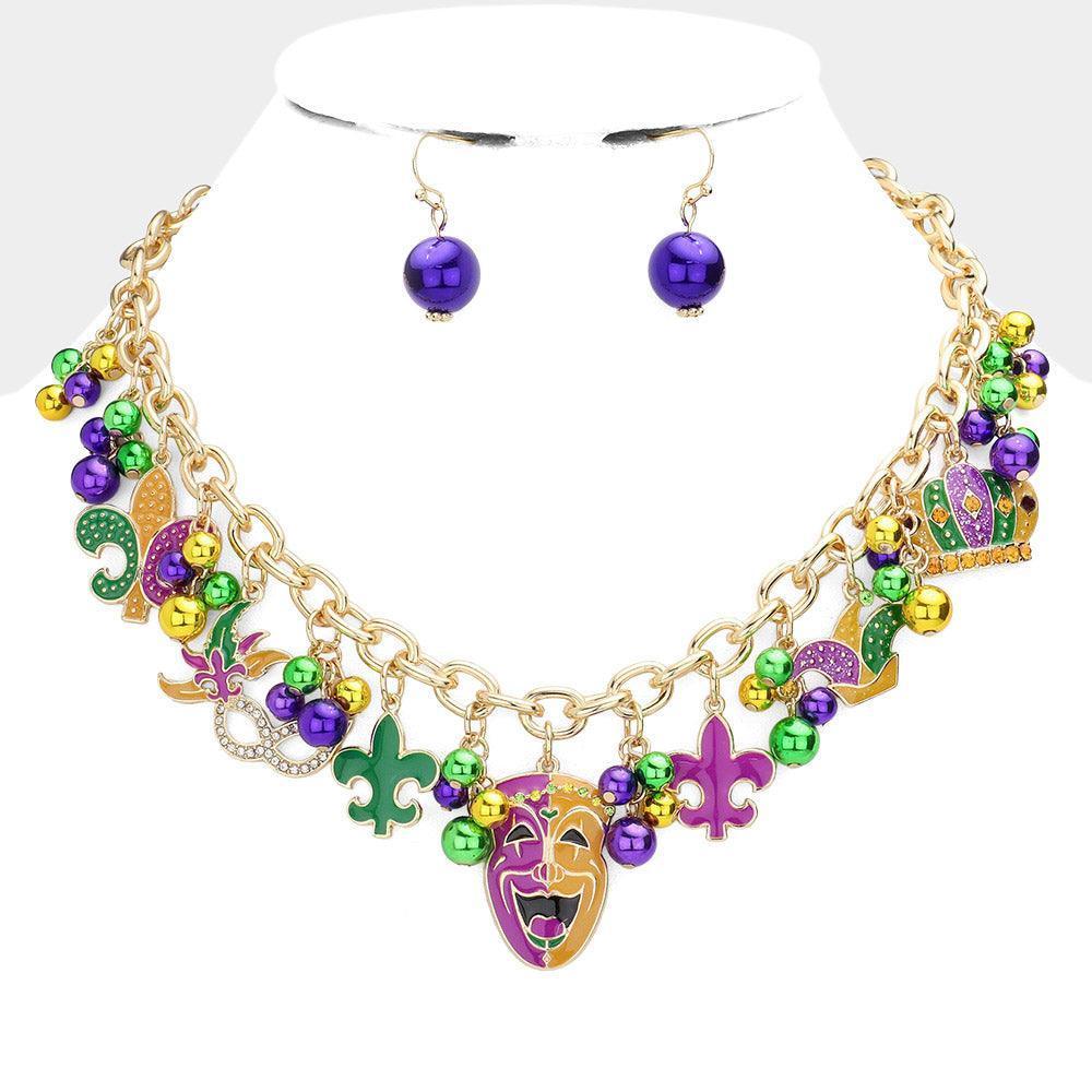 Gold Mardi Gras Enamel Fleur de Lis Mask Hat Pendant Station Necklace - Jewelry Store by Erik Rayo