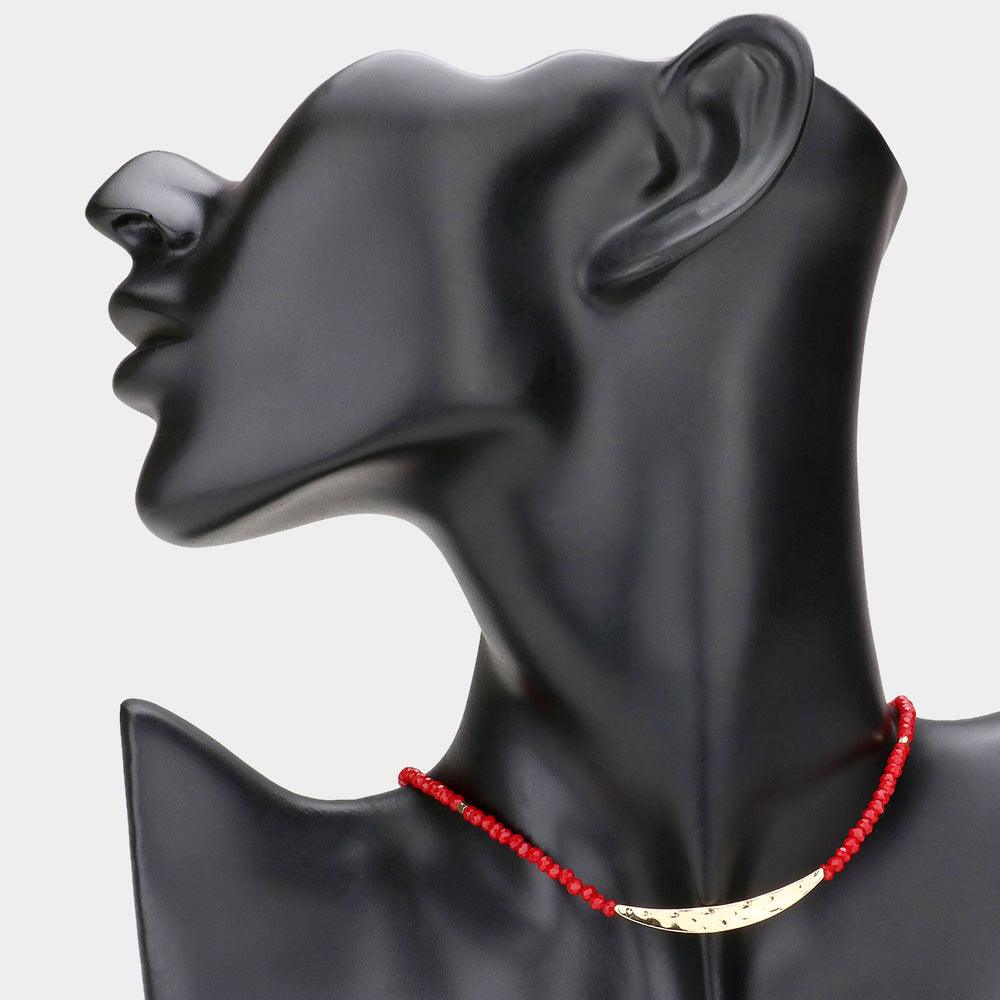 Red Metal Accented Faceted Beaded Necklace