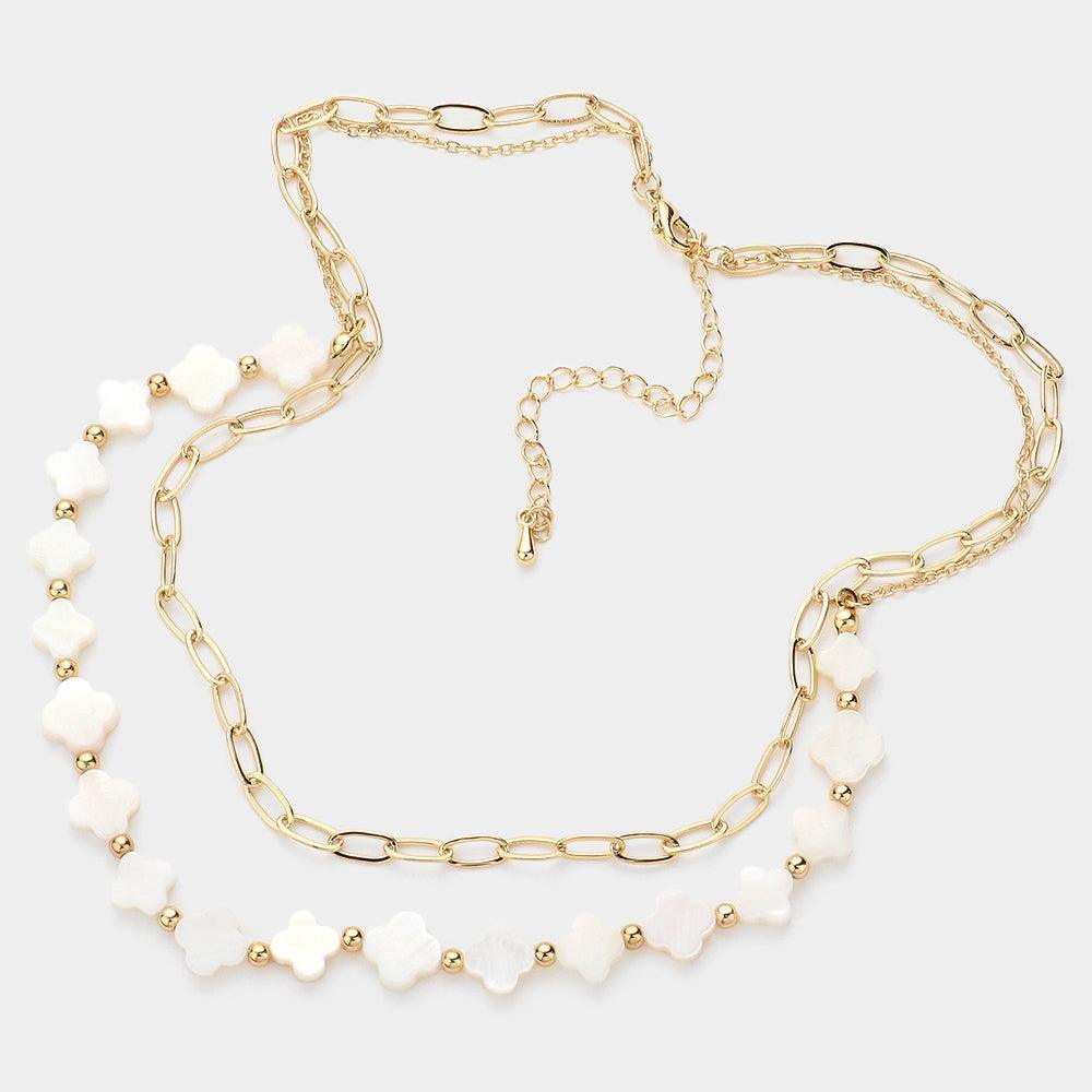 Mother Of Pearl Quatrefoil Station Metal Paper Clip Chain Layered Necklace - Jewelry Store by Erik Rayo