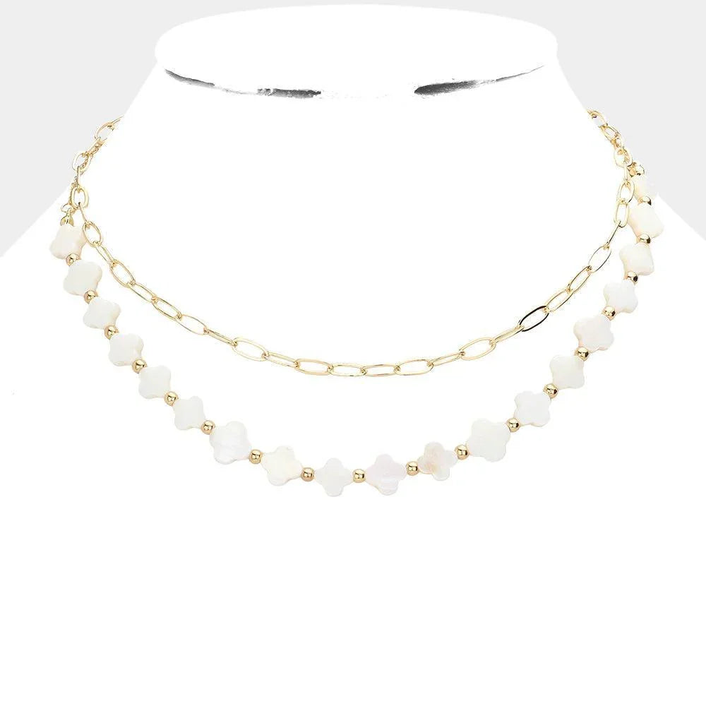 Mother Of Pearl Quatrefoil Station Metal Paper Clip Chain Layered Necklace - Jewelry Store by Erik Rayo