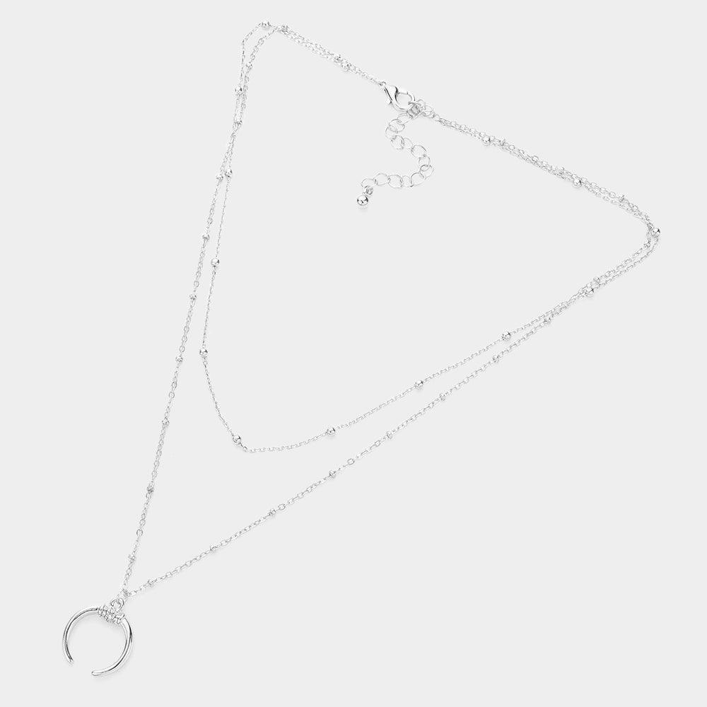 Silver Rhinestone Embellished Double Horn Pendant Layered Necklace - Jewelry Store by Erik Rayo