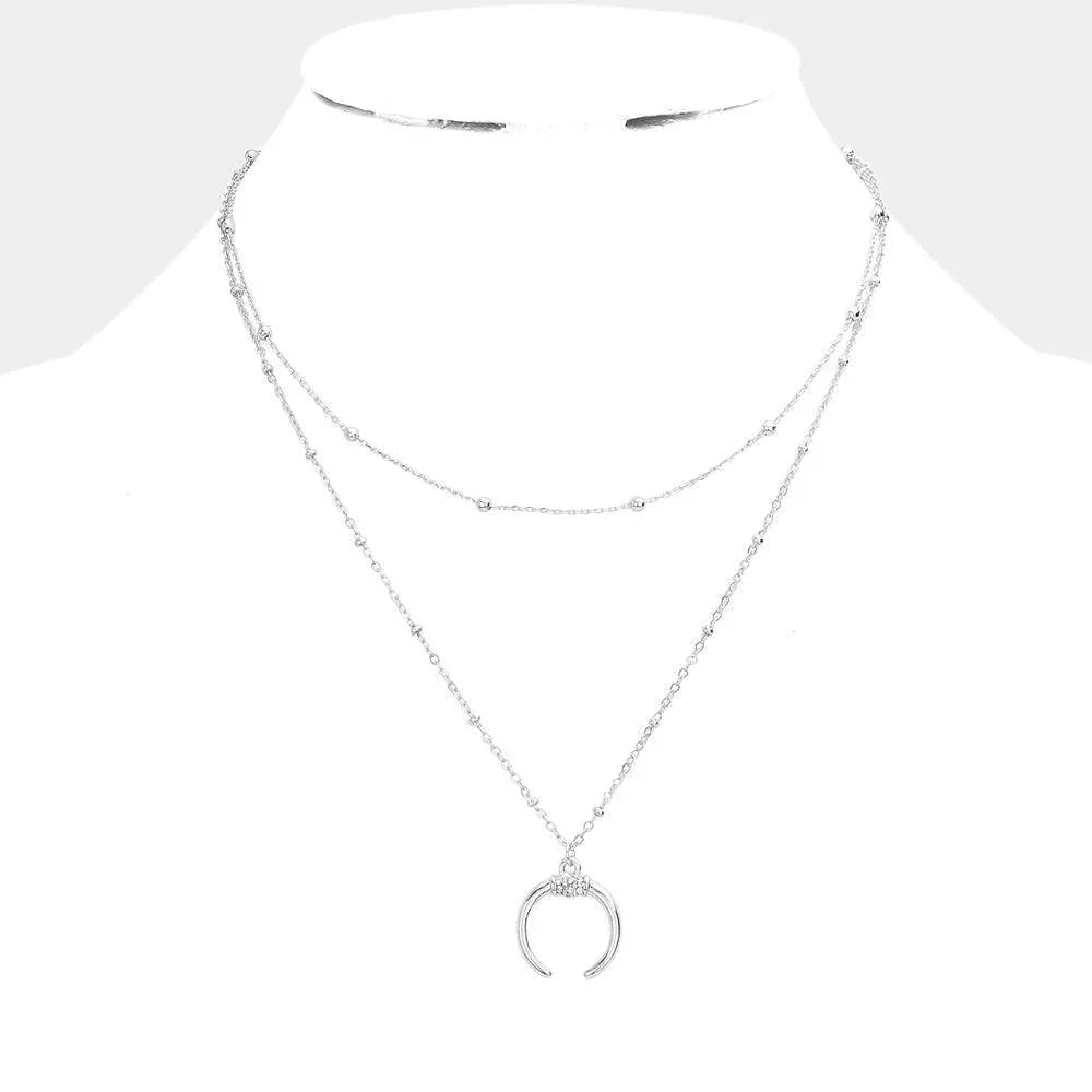 Silver Rhinestone Embellished Double Horn Pendant Layered Necklace - Jewelry Store by Erik Rayo