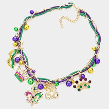 Load image into Gallery viewer, Gold Mardi Gras Fleur de Lis Mask Crown Pendant Thread Station Necklace

