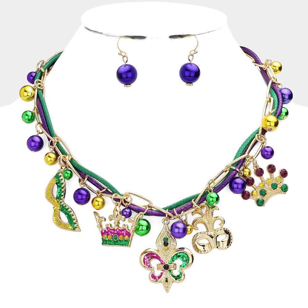 Gold Mardi Gras Fleur de Lis Mask Crown Pendant Thread Station Necklace - Jewelry Store by Erik Rayo
