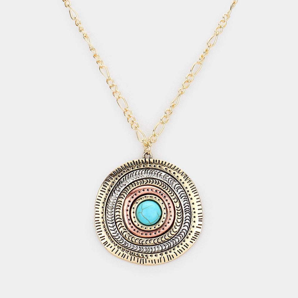 Gold Turquoise Centered Irregular Metal Round Pendant Necklace - Jewelry Store by Erik Rayo
