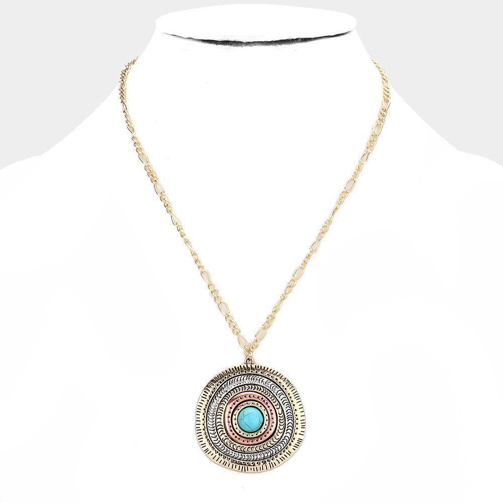Gold Turquoise Centered Irregular Metal Round Pendant Necklace - Jewelry Store by Erik Rayo