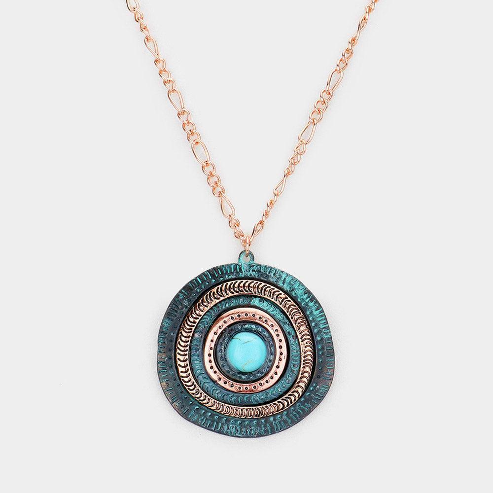 Turquoise Centered Irregular Metal Round Pendant Necklace - Jewelry Store by Erik Rayo