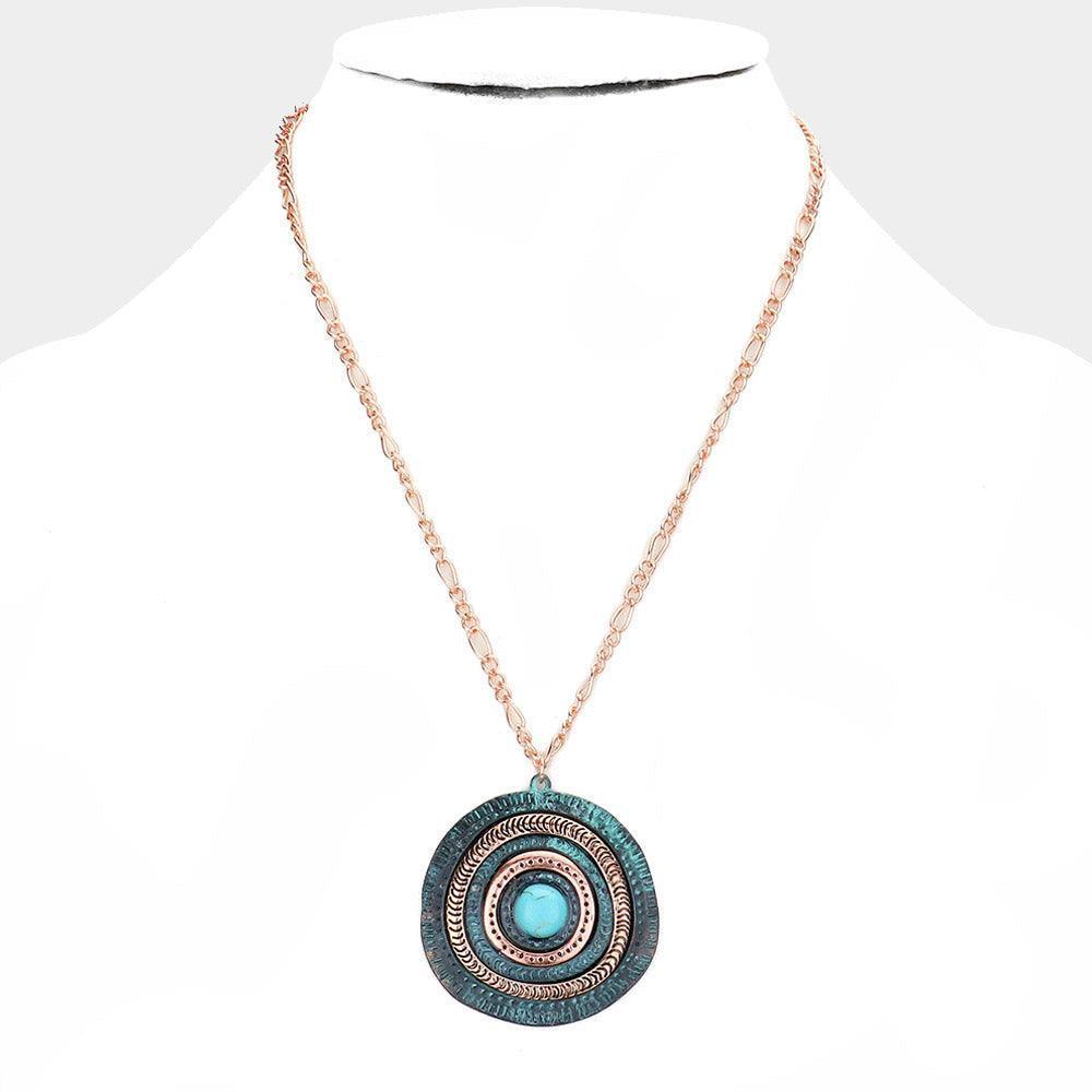 Turquoise Centered Irregular Metal Round Pendant Necklace - Jewelry Store by Erik Rayo