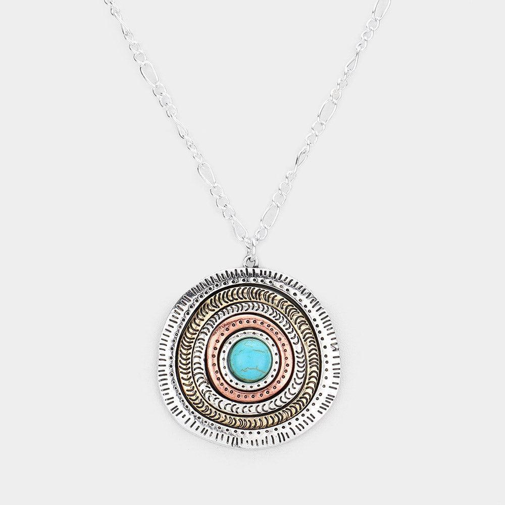 Silver Turquoise Centered Irregular Metal Round Pendant Necklace - Jewelry Store by Erik Rayo