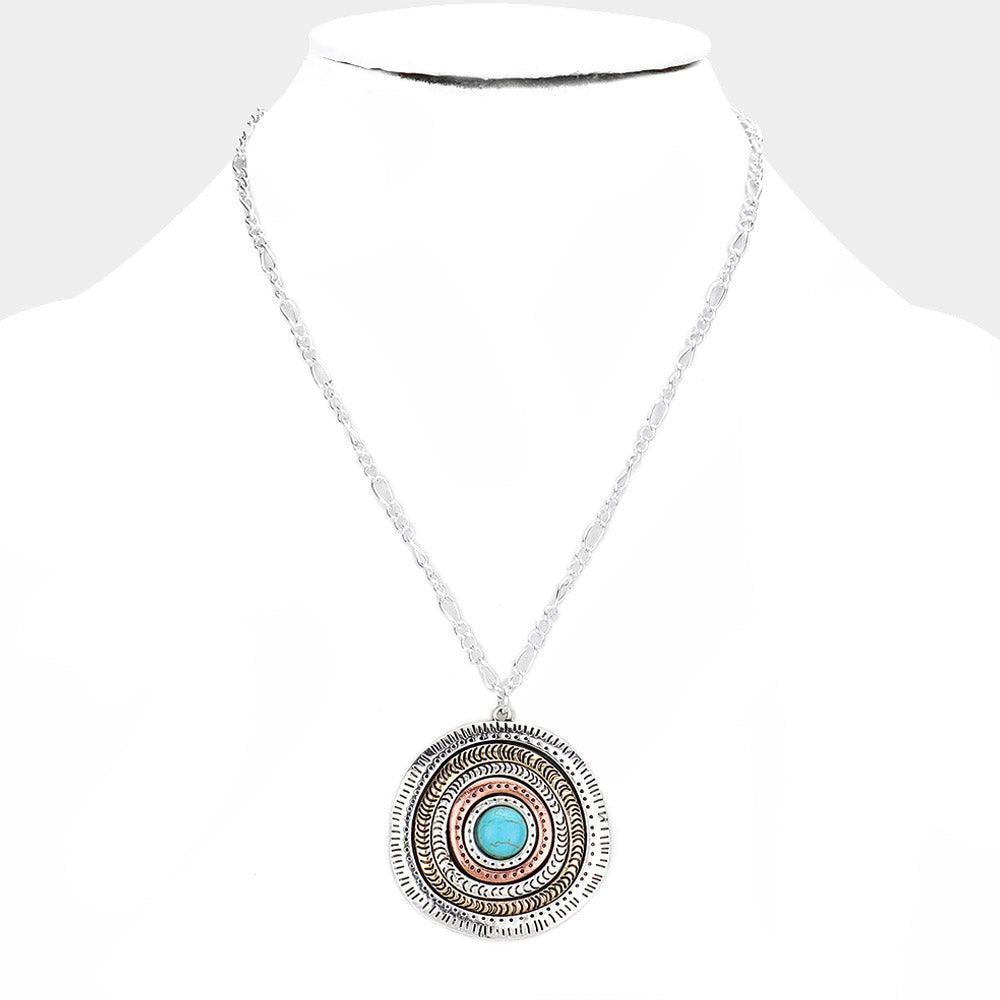 Silver Turquoise Centered Irregular Metal Round Pendant Necklace - Jewelry Store by Erik Rayo