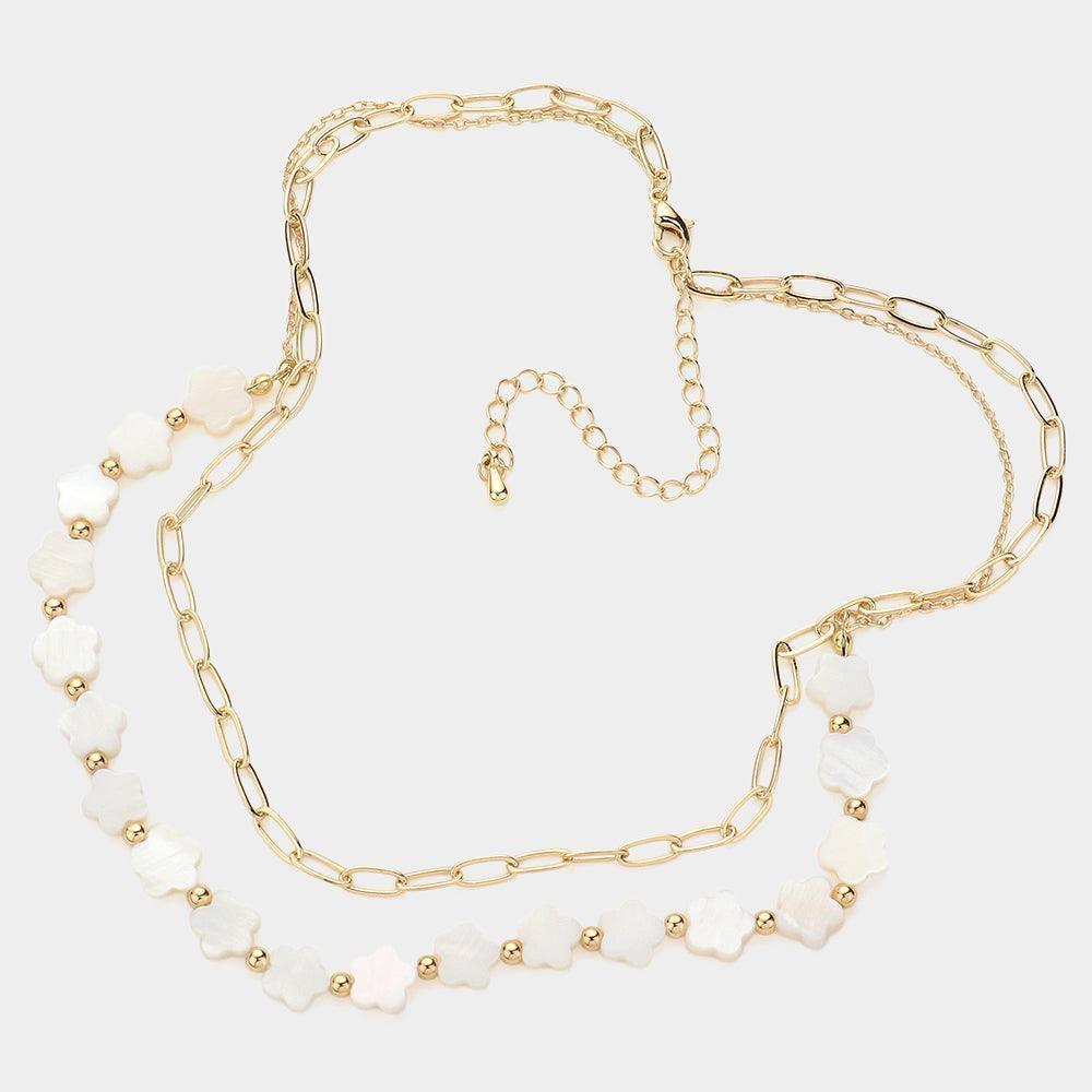 Mother Of Pearl Flower Station Metal Paper Clip Chain Layered Necklace - Jewelry Store by Erik Rayo
