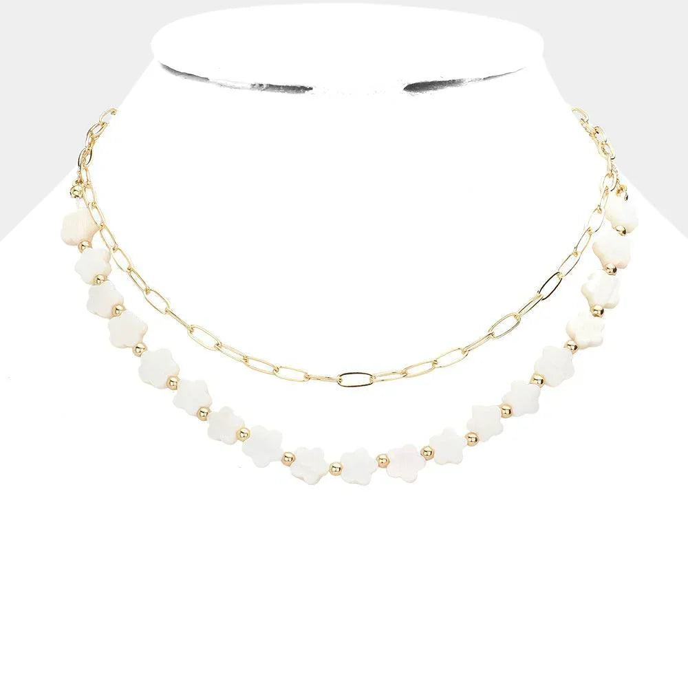 Mother Of Pearl Flower Station Metal Paper Clip Chain Layered Necklace - Jewelry Store by Erik Rayo