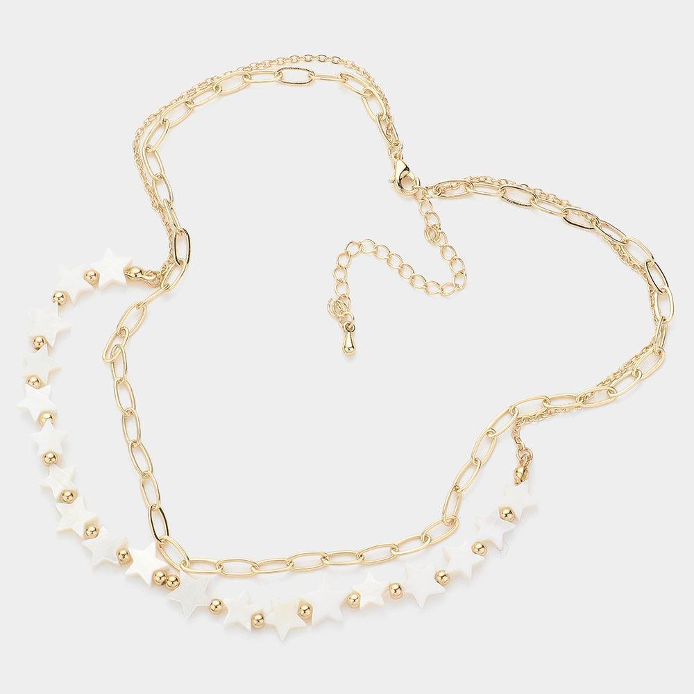 Mother Of Pearl Star Station Metal Paper Clip Chain Layered Necklace - Jewelry Store by Erik Rayo