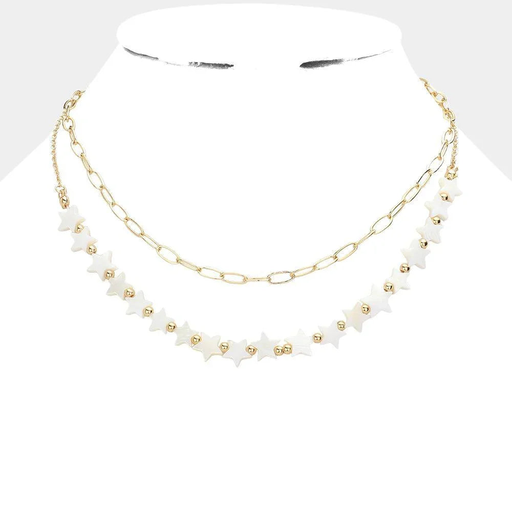 Mother Of Pearl Star Station Metal Paper Clip Chain Layered Necklace - Jewelry Store by Erik Rayo