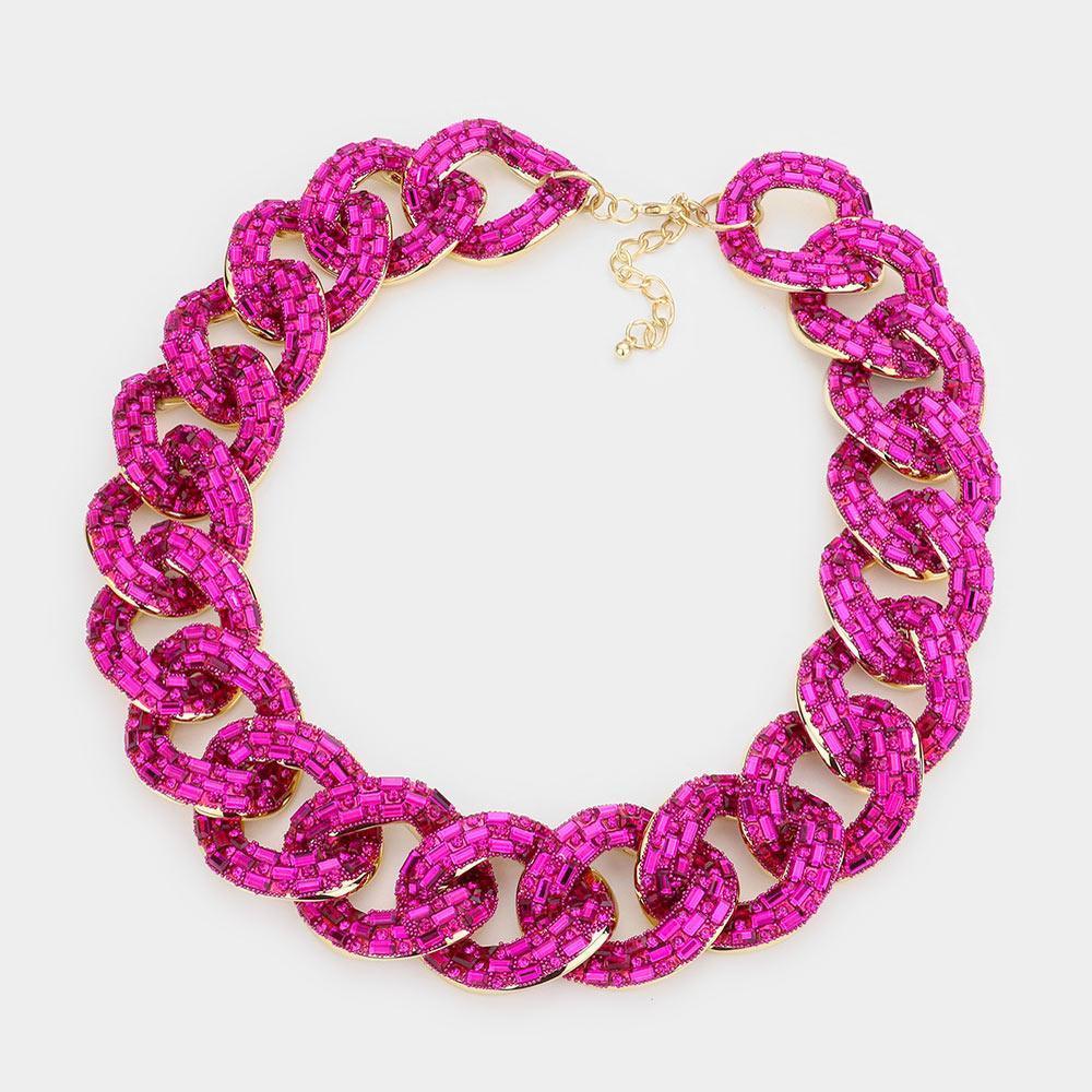 Fuchsia Stone Embellished Chunky Chain Necklace - Jewelry Store by Erik Rayo