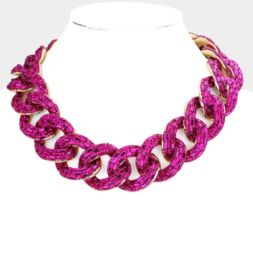 Fuchsia Stone Embellished Chunky Chain Necklace - Jewelry Store by Erik Rayo
