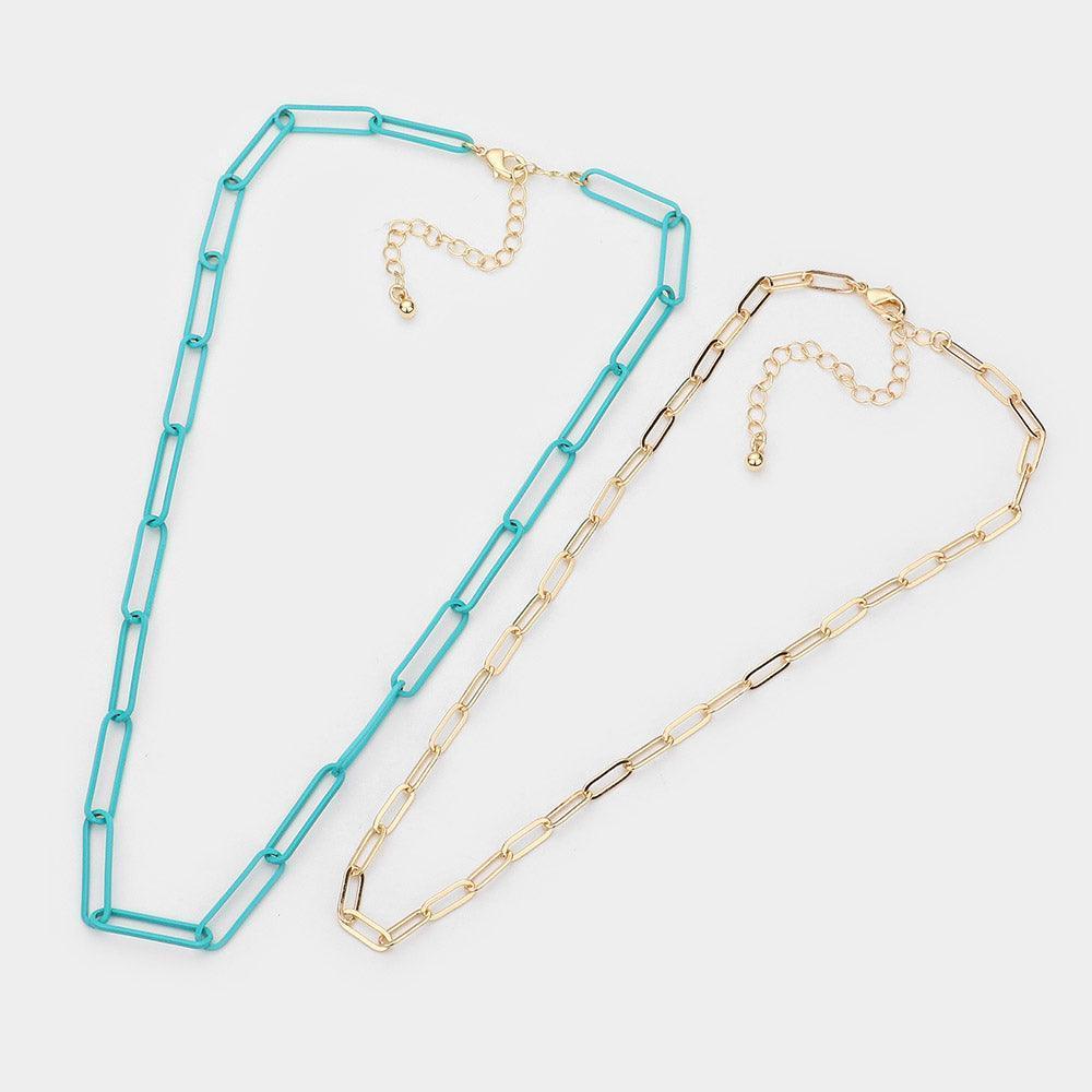 Turquoise 2 Piece Colored Open Metal Oval Link Necklaces - Jewelry Store by Erik Rayo