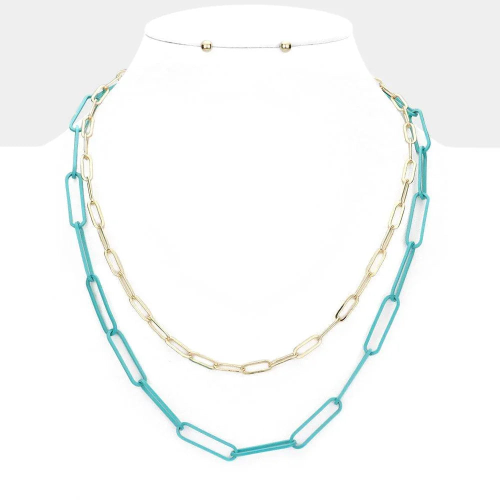 Turquoise 2 Piece Colored Open Metal Oval Link Necklaces - Jewelry Store by Erik Rayo