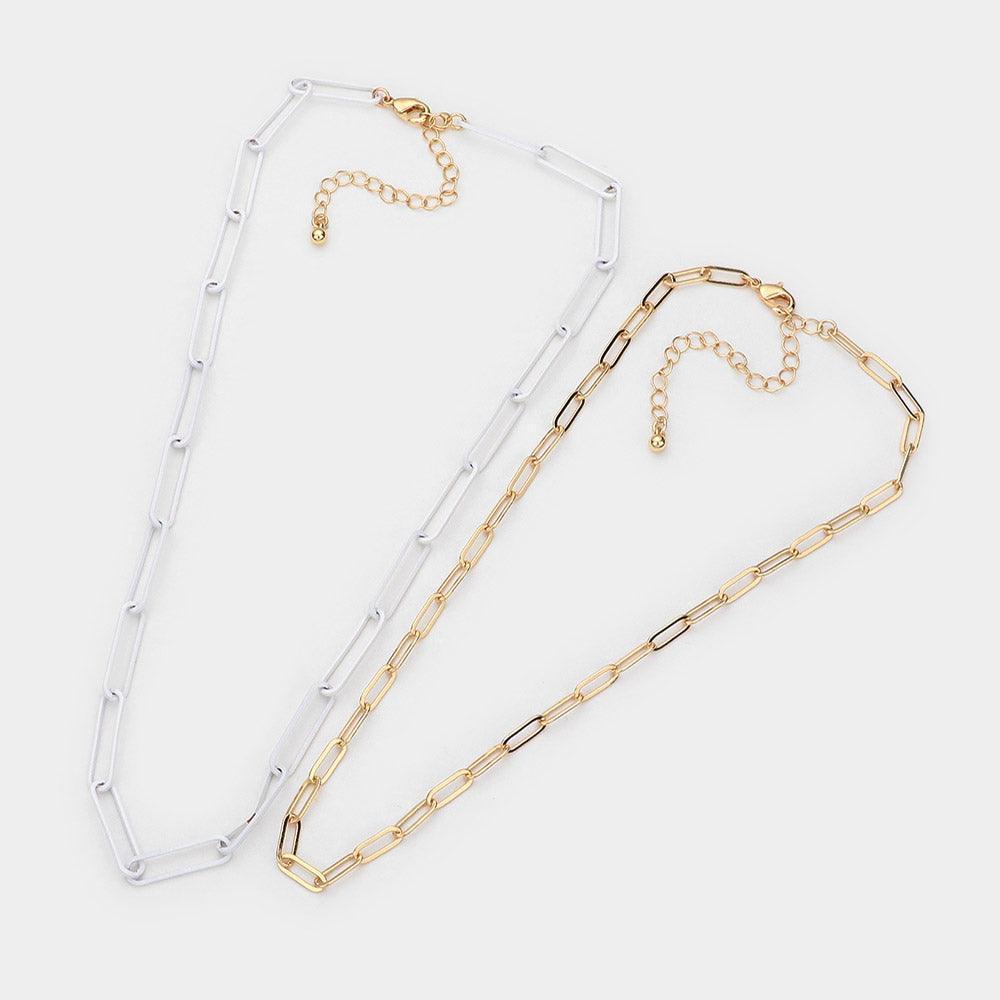 White 2 Piece Colored Open Metal Oval Link Necklaces - Jewelry Store by Erik Rayo