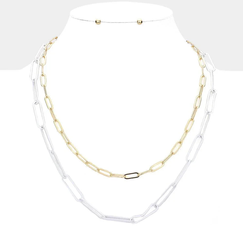 White 2 Piece Colored Open Metal Oval Link Necklaces - Jewelry Store by Erik Rayo