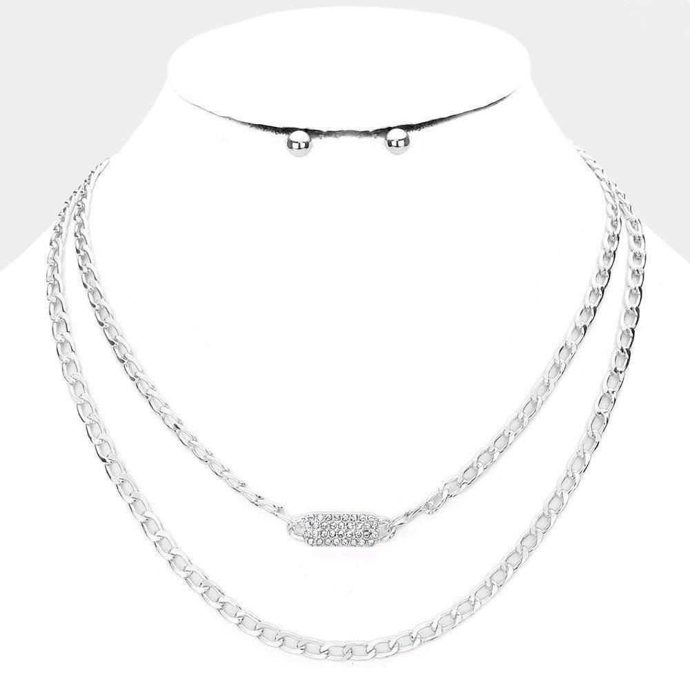 Rhinestone Embellished Rectangle Pendant Accented Layered Necklace - Jewelry Store by Erik Rayo