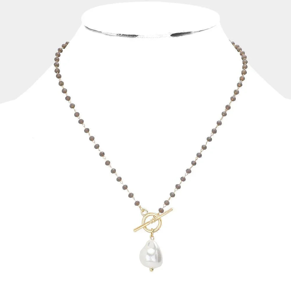 Silver Pearl Pendant Faceted Beaded Toggle Necklace - Jewelry Store by Erik Rayo