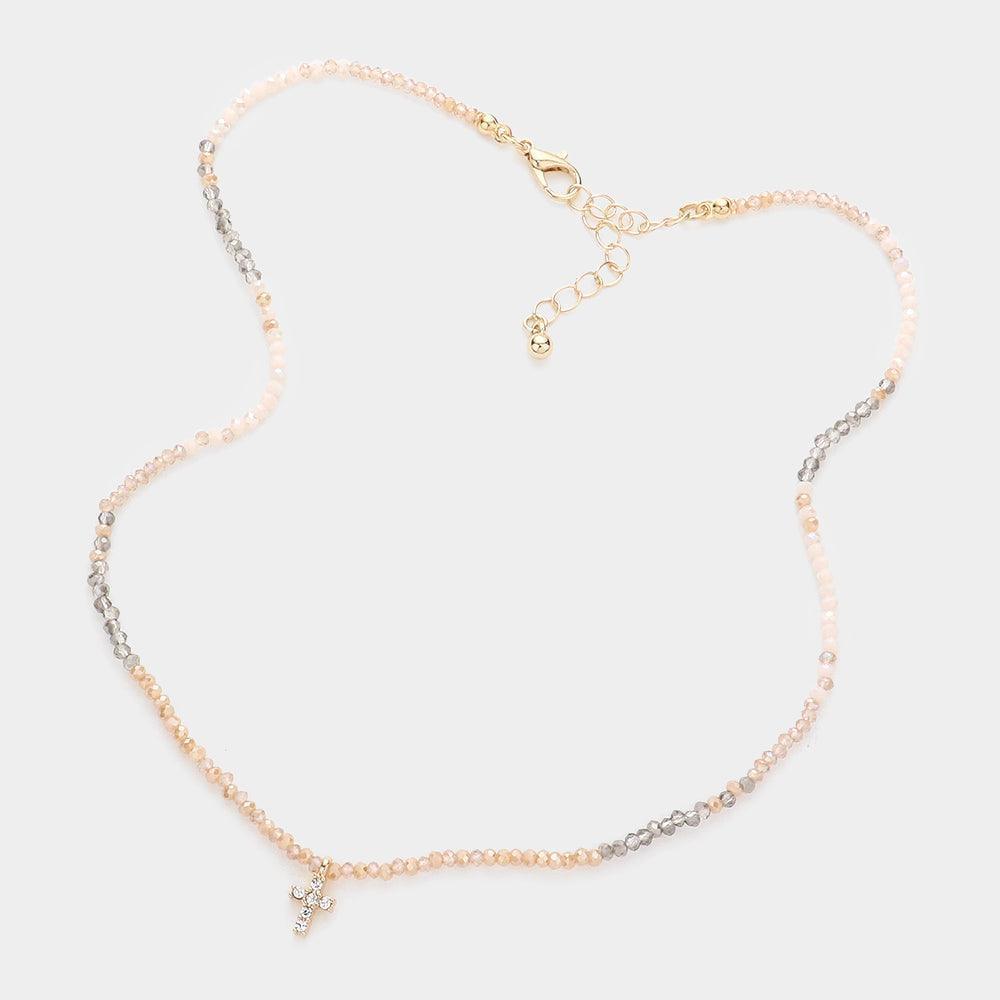 Beige Cross Pendant Faceted Beaded Necklace - Jewelry Store by Erik Rayo