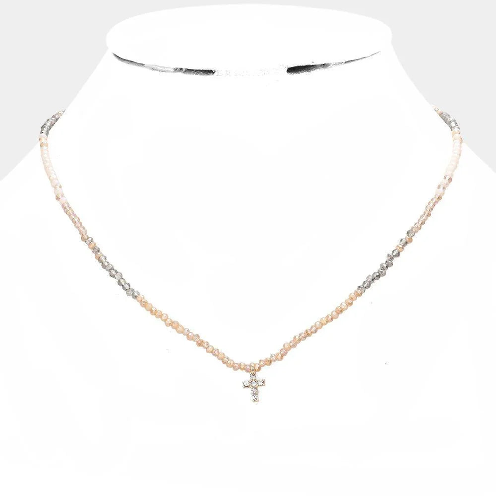 Beige Cross Pendant Faceted Beaded Necklace - Jewelry Store by Erik Rayo