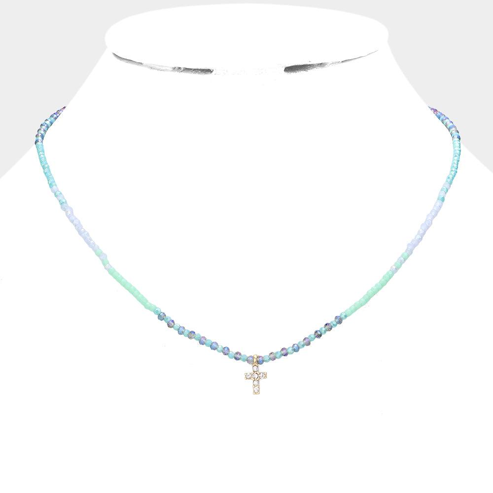 Blue Cross Pendant Faceted Beaded Necklace