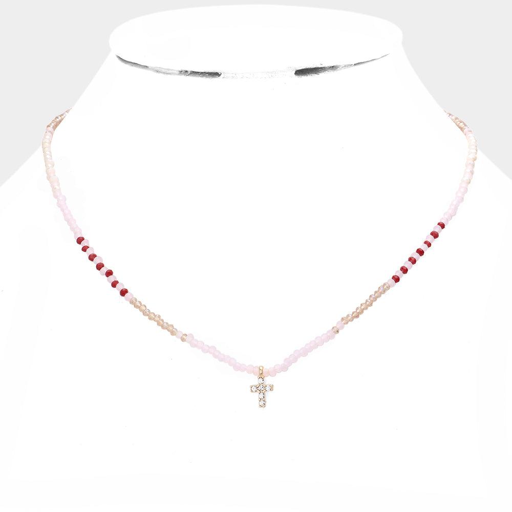 Pink Cross Pendant Faceted Beaded Necklace