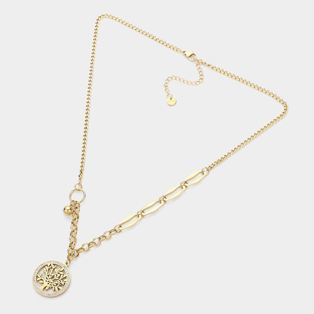 Gold Stone Paved Rim Tree Of Life Pendant Stainless Steel Necklace - Jewelry Store by Erik Rayo