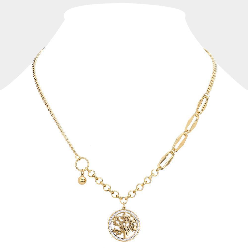 Gold Stone Paved Rim Tree Of Life Pendant Stainless Steel Necklace - Jewelry Store by Erik Rayo