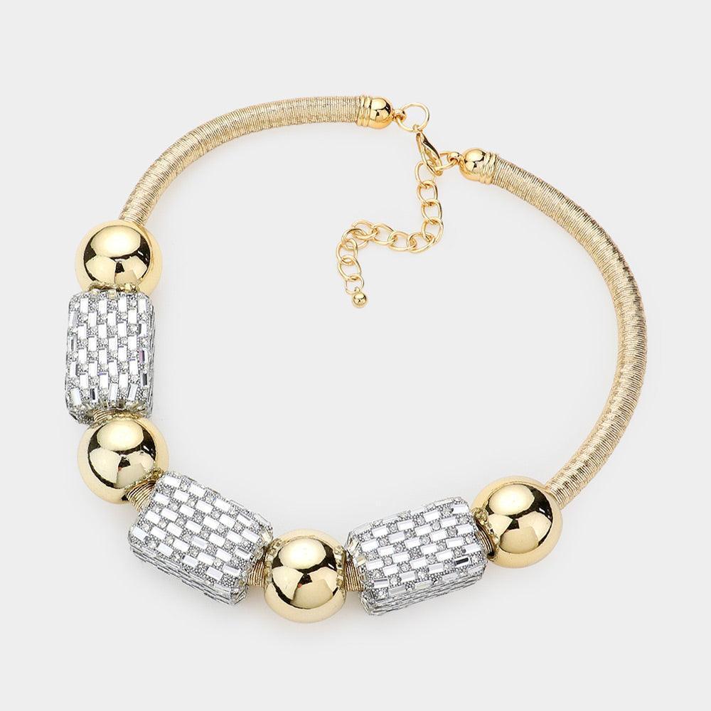 Gold Clear Baguette Stone Block Metal Ball Chunky Necklace - Jewelry Store by Erik Rayo