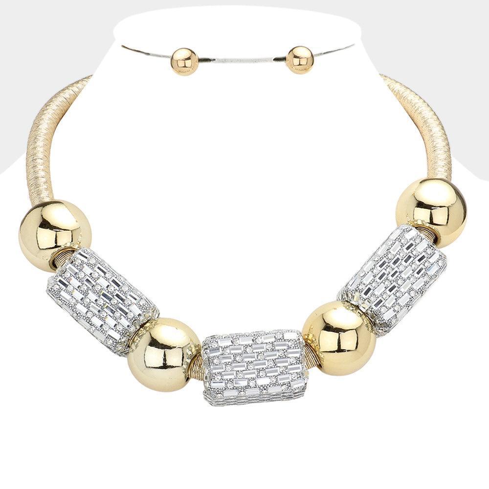 Gold Clear Baguette Stone Block Metal Ball Chunky Necklace - Jewelry Store by Erik Rayo
