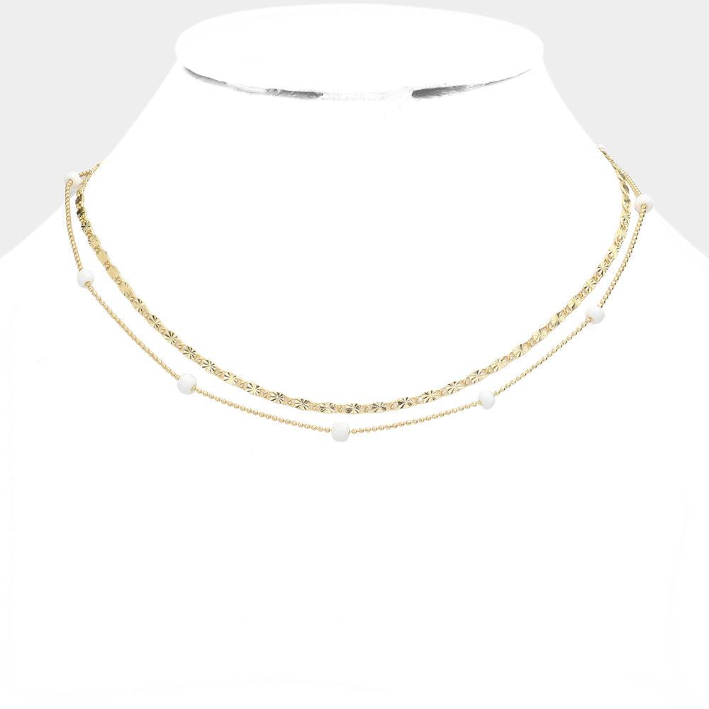 White Bead Station Double Layered Necklace