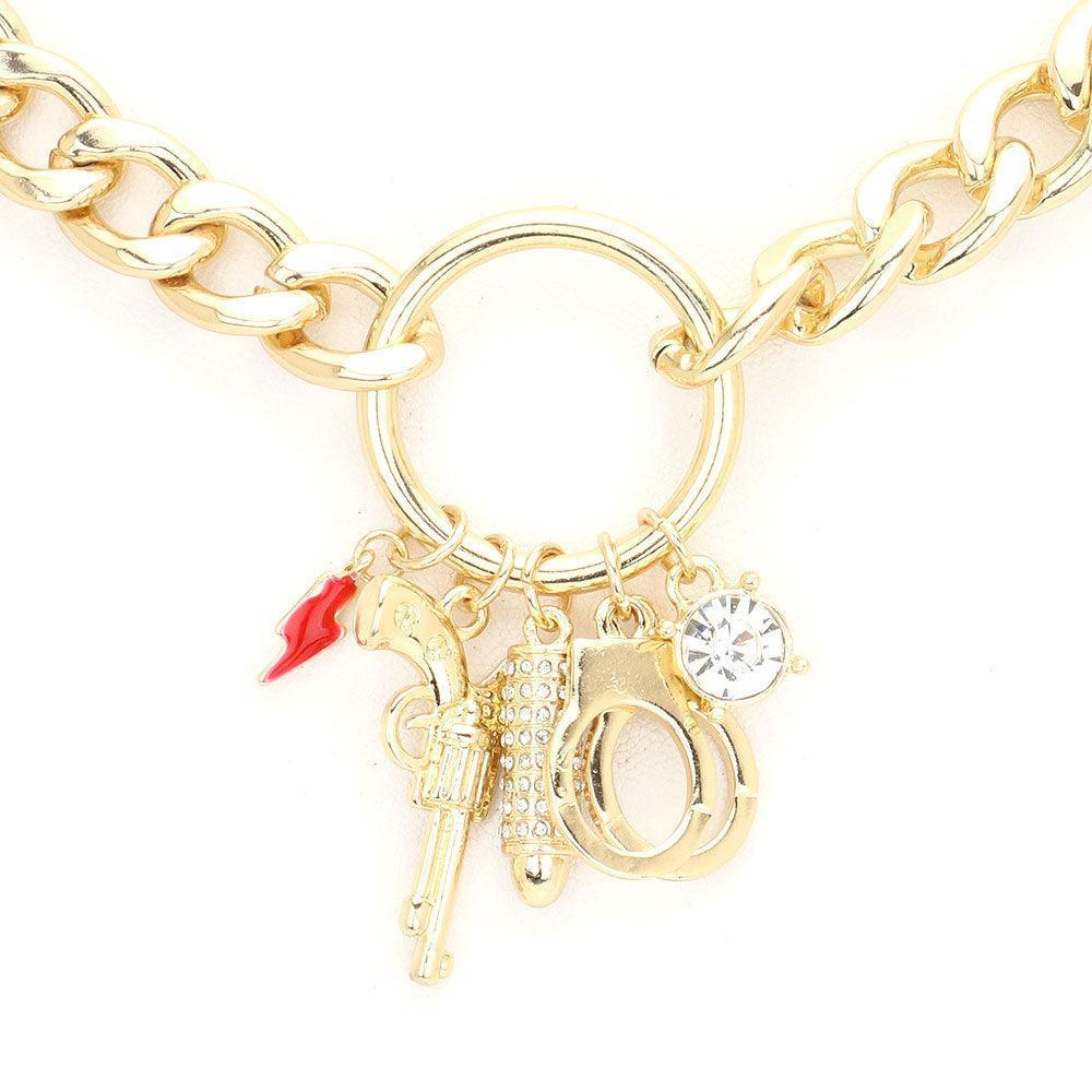 Gold Rhinestone Bullet Metal Gun Handcuffs Enamel Lightning Pendant Necklace - Jewelry Store by Erik Rayo