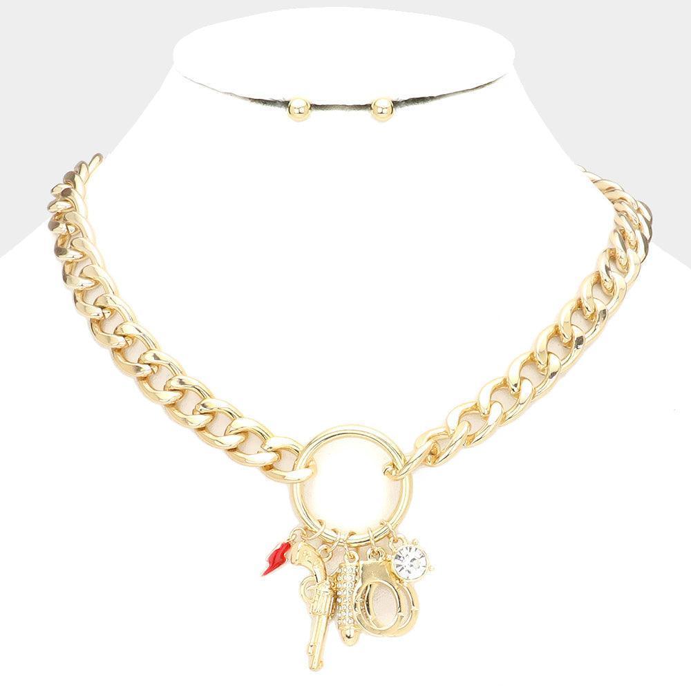 Gold Rhinestone Bullet Metal Gun Handcuffs Enamel Lightning Pendant Necklace - Jewelry Store by Erik Rayo