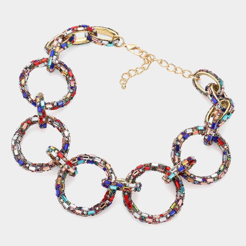 Gold Baguette Stone Embellished Bling O Ring Link Necklace - Jewelry Store by Erik Rayo