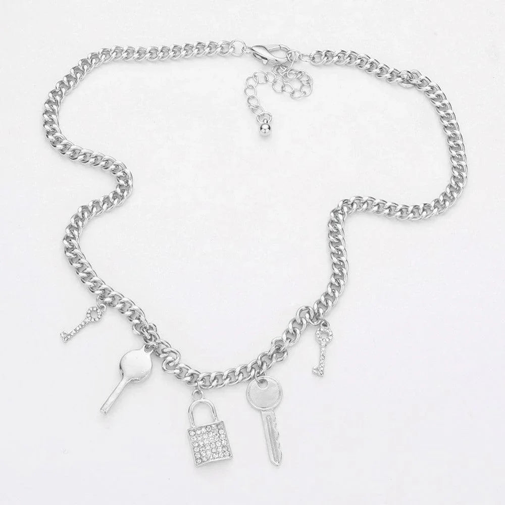 Rhinestone Embellished Key Lock Pendant Station Necklace - Jewelry Store by Erik Rayo