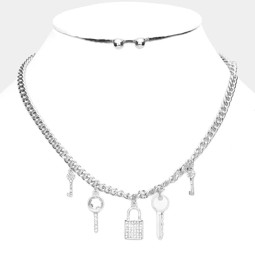 Rhinestone Embellished Key Lock Pendant Station Necklace - Jewelry Store by Erik Rayo