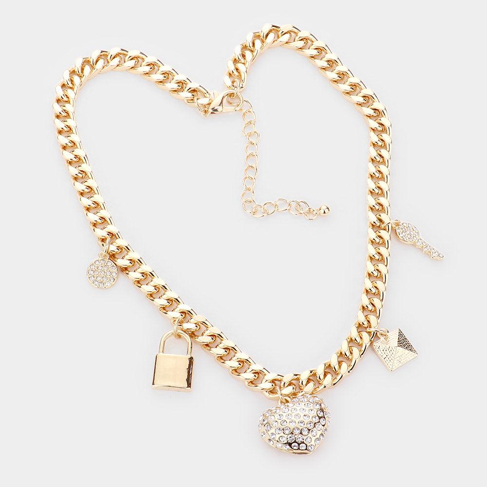 Gold Rhinestone Embellished Heart Key Metal Lock Pendant Station Necklace - Jewelry Store by Erik Rayo