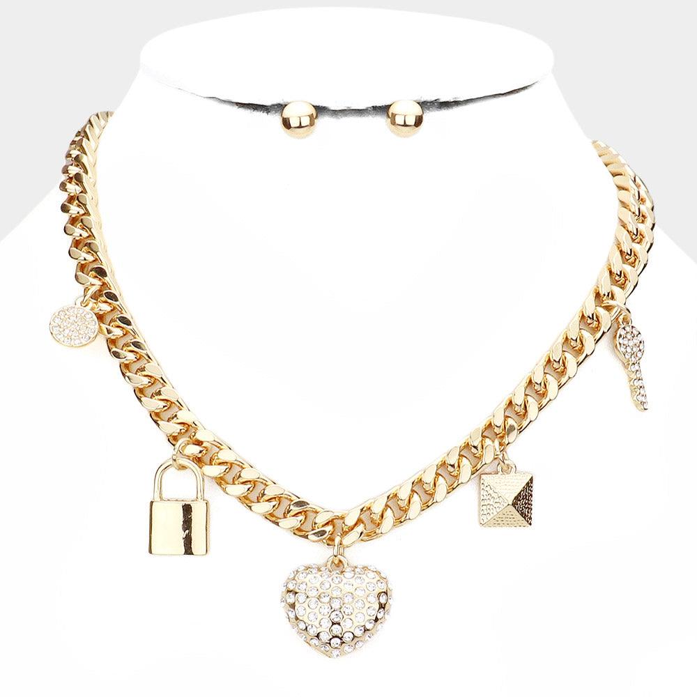 Gold Rhinestone Embellished Heart Key Metal Lock Pendant Station Necklace - Jewelry Store by Erik Rayo