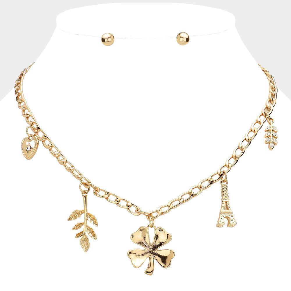 Gold Heart Leaf Clover Eiffel Tower Pendant Station Necklace - Jewelry Store by Erik Rayo