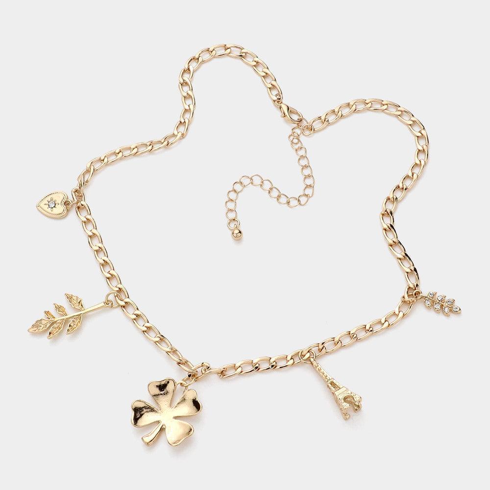 Gold Heart Leaf Clover Eiffel Tower Pendant Station Necklace - Jewelry Store by Erik Rayo