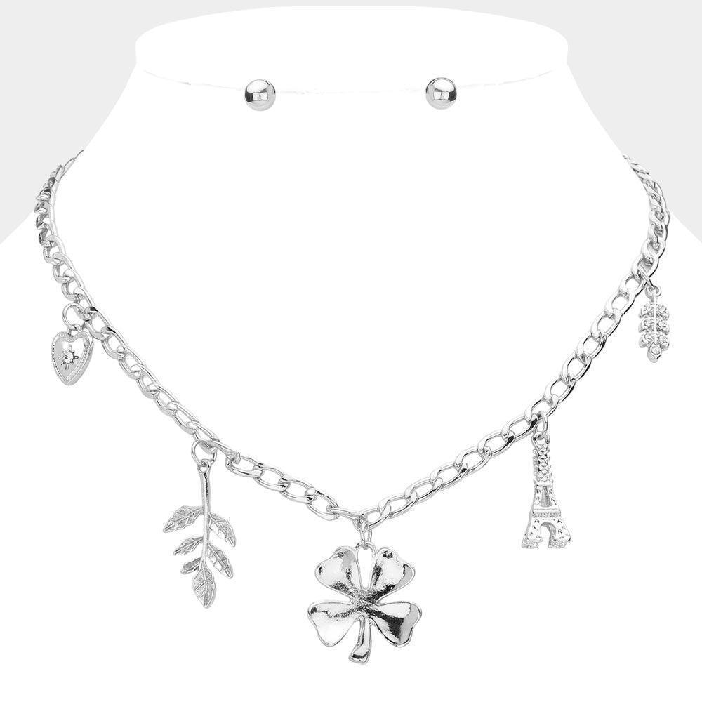 Heart Leaf Clover Eiffel Tower Pendant Station Necklace - Jewelry Store by Erik Rayo