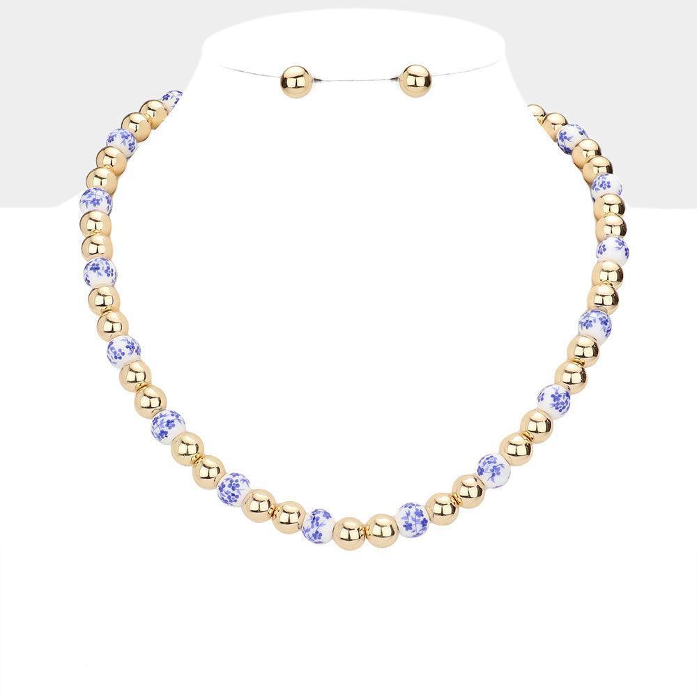Blue Chinoiserie Patterned Ball Station Necklace